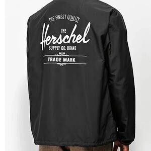 HERSCHEL Voyage Coach Jacket Black Windbreaker w/ Retro Printed Logo Size XL